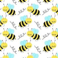 mönster med flygande bin. tecknad serie söt bi tecken med positiv känslor. hand dragen bebis vektor illustration med söt bi. begrepp för trasa design, textil, omslag, tapet, omslag