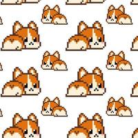 niedliches 8-Bit-Pixel-Corgi-Hundekarikatur-nahtloses Muster. lustiger walisischer corgi pembroke oder strickjackenhund liegt auf weißem hintergrund mit ausgestreckten hinterbeinen, rückansicht. saftig pelzige Haustiere ass vektor