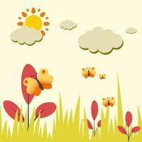 Schmetterlinge und Sommersonne. Blumensommer- oder Frühlingslandschaft. Vektor-Illustration vektor