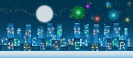 panoramische weihnachts- und neujahrsalphabets auf gebäuden vektor