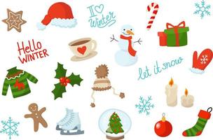 vinter- mysigt ikoner uppsättning. vinter- säsong. jul dekorationer. snöflingor och objekt för dekoration. vektor illustration