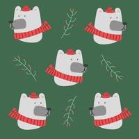 jul vit polär Björn huvud mönster på en grön bakgrund. vektor illustration av söt tecknad serie Björn i värma röd hatt och scarf för hälsning kort, grafik