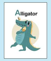 niedlicher tieralphabetbuchstabe a. pädagogische vektorillustration in den hellen farben. Alligator bunte handgezeichnete Cartoon-Tier-Alphabet-Karte isoliert auf blauem Hintergrund. vektor