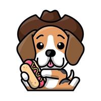Ein süßer Beagle mit Cowboyhut hält eine Hotdog-Cartoon-Illustration vektor