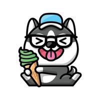 ein süßer husky hält einen kegel matcha-eiscreme-cartoon-illustration vektor