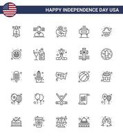 Usa Happy Independence Day Piktogrammsatz aus 25 einfachen Linien von Partyurlaubsstaaten Festivität Grill editierbare Usa Day Vektordesign-Elemente vektor