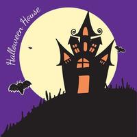 hand dragen halloween hus isolerat de måne fladdermus hus kulle på lila bakgrund. vektor