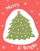 jul och Lycklig ny år hälsning kort i tecknad serie platt stil. hand dragen vektor illustration av jul träd på röd bakgrund med snöflingor