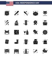 Aktienvektor-Icon-Pack mit amerikanischen Tag 25 soliden Glyphenzeichen und -symbolen zum Feiern Star Usa-Filme Stuhl editierbare Usa-Tag-Vektor-Designelemente vektor