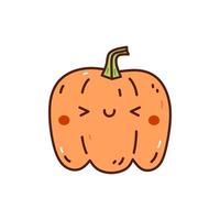 süßer und lustiger orangefarbener Kürbis isoliert auf weißem Hintergrund. handgezeichnete Vektorgrafik im Doodle-Stil. Kawaii-Charakter. Perfekt für Karten, Dekorationen, Logos und Halloween-Designs. vektor