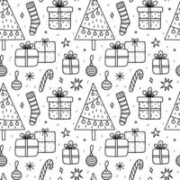 süßes nahtloses weihnachtsmuster mit geschenken, kugeln, weihnachtsbaum, socken, zuckerstange, schneeflocken und sternen. Vektor handgezeichnete Doodle-Illustration. perfekt für Geschenkpapier, Dekorationen, Tapeten.