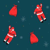 jul sömlös mönster hand dragen i klotter stil rolig tecknad serie från de tillbaka santa dans med en väska av leksaker på de bakgrund av snöflingor och stjärnor vektor