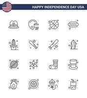 Packung mit 16 USA-Unabhängigkeitstag-Feierlinien Zeichen und 4. Juli-Symbolen wie Ballpflanze Sportblume heiß i editierbare USA-Tag-Vektordesign-Elemente vektor