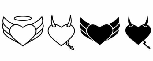 hjärta kärlek ängel jäkel ikon uppsättning isolerat på vit bakgrund.djävul ängel fe- ikon vektor
