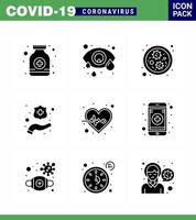 Coronavirus 9 solides schwarzes Glyphen-Symbol zum Thema Corona-Epidemie enthält Symbole wie Herzbakterien im Gesundheitswesen schlagen Hände virales Coronavirus 2019nov-Krankheitsvektor-Designelemente vektor