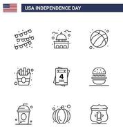 uppsättning av 9 USA dag ikoner amerikan symboler oberoende dag tecken för bröllop inbjudan amerikan frites snabb redigerbar USA dag vektor design element