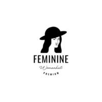 skön feminin kvinna lång hår med hatt logotyp design vektor