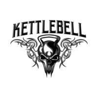 Totenkopf Kettlebell Logo Symbol Symbol Schwarz-Weiß-Vintage-Vorlage für Etiketten, Embleme, Abzeichen oder Designvorlagen vektor