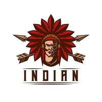 indisk man logotyp årgång stil chef apache maskot design karaktär vektor illustration