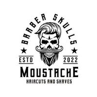barberare skalle mustasch med hår stil logotyp ikon symbol svart och vit årgång mall för etiketter, emblem, märken eller design mall vektor