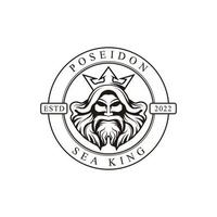 Poseidon King Old Man Logo Symbol Symbol Schwarz-Weiß-Vintage-Vorlage für Etiketten, Embleme, Abzeichen oder Designvorlagen vektor