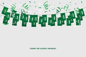 saudi-arabien-girlandenfahne mit konfetti auf weißem hintergrund, hängende flagge für saudi-arabien-feierschablonenbanner. vektor
