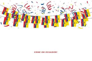 ecuador-girlandenfahne mit konfetti auf weißem hintergrund, hängende flagge für ecuador-feierschablonenbanner. vektor