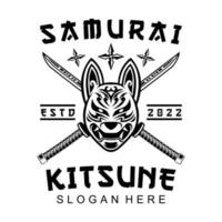 Cross Katana und Kitsune Samurai Shuriken Head Japanesee Wolf Logo im Vintage-Stil schwarz-weiße Vektorgrafik vektor