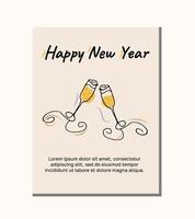 ny år kort med glasögon av champagne och text. linjekonst vektor illustration.