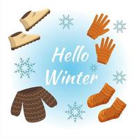 Hej vinter. värma kläder och snöflingor. hälsning vinter- kort platt stil. vektor illustration.