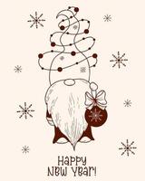 söt scandinavian tomte. vinter- karaktär gnome med krans och jul boll. vektor illustration. hand ritade, klotter tecknad serie stil. jul kort Lycklig ny år.
