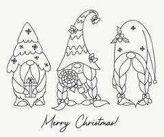scandinavian tomtar. söt gnome flicka med klubba, jul gnome med jul träd och gåva. vektor illustration. linjär hand dragen klotter. isolerat ny år tecken tomtar.