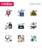 Coronavirus-Bewusstseinssymbol 9 gefüllte Linie flache Farbsymbole Symbol enthalten Serviettendesinfektionsfehler Händedesinfektionsmittel Corona Virus Coronavirus 2019nov Krankheitsvektor Designelemente vektor