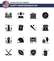 fast glyf packa av 16 USA oberoende dag symboler av USA boll flagga backetball parad redigerbar USA dag vektor design element