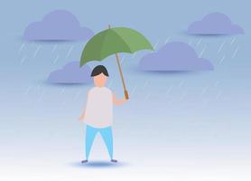 einsamer mann benutzt regenschirm bei regen und strom mit vielen wolken. Das Konzept ist ein trauriger Mann in Sturm und Regen, aber er hat einen Regenschirm, um den Regen mit Papierkunststil zu schützen.