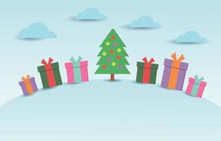 vektor av jul bakgrund grupp av många gåva låda och jul träd i snö vinter.illustration vektor av jul dag bakgrund försäljning koncept.användning för x mas dag festival , vinter- gåva försäljning.