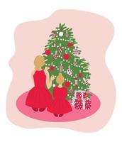mutter und tochter sitzen und schmücken den weihnachtsbaum. pastellrosa farben. Weihnachtsgrußkarte Vektor. Cartoon-Vektor-Illustration. vektor