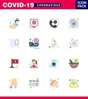 Symbole zur Verhinderung von Coronaviren 16 flache Farbsymbole wie die Reinigung von Covid-Viren Coronavirus weltweit Virus-Coronavirus 2019nov-Krankheitsvektor-Designelemente vektor
