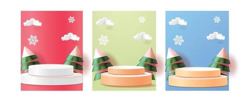 jul vinter- produkt podium snöflingor och snö vektor illustration försäljning produkt baner skog landskap papper 3d