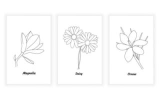 vektor, modernes, minimalismus, blume, linie, kunst, zeichnung, illustration. Magnolie, Gänseblümchen, Krokus vektor