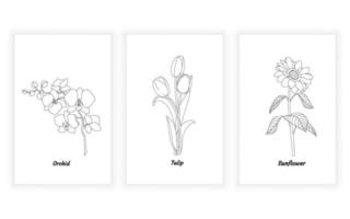 Reihe von Blumen- und botanischen Strichzeichnungen, durchgehende Linie. für Logodesign. Orchideen, Tulpen, Sonnenblumen vektor