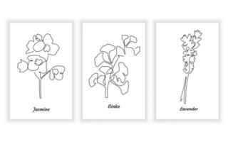 elegant blomma i ett linje konst stil. kontinuerlig linje konst i minimalistisk för logotyp och tryckbar design. vektor illustration. jasmin ginko och lavendel- blomma