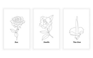 Satz von Rose Camellia Titan Arum Flower Line Art, durchgehende Linie. für Logodesign. vektor