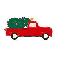 glad jul och Lycklig ny år vykort eller affisch eller flygblad mall med plocka upp lastbil med jul träd. årgång styled vektor illustration.