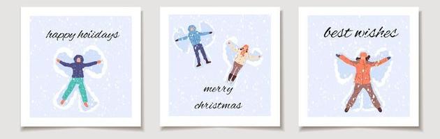 jul vektor gåva kort eller märka jul uppsättning av tre Lycklig människor framställning snö ängel . glad jul text, bäst lyckönskningar.