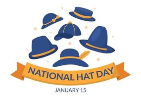 nationaler huttag, der jedes jahr am 15. januar mit fedora-hüten, kappen, glocken oder derbys in flachen handgezeichneten karikaturvorlagenillustration gefeiert wird vektor