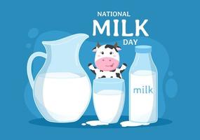 Lycklig mjölk dag firande med stänk släppa i slät Vinka av vit färsk mjölkig av ko i platt tecknad serie hand dragen mallar illustration vektor