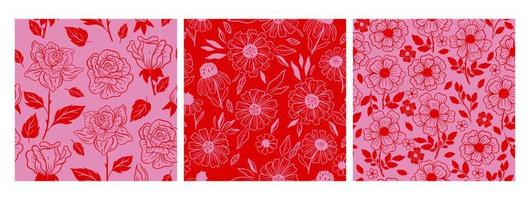 Reihe von nahtlosen Mustern mit Blumen in rosa und roten Farben. Vektorgrafiken. vektor