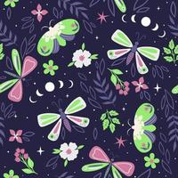 Nahtloses Muster mit Nachtschmetterlingen und Blumen. Vektorgrafiken. vektor