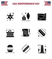 9 feste Glyphenzeichen für USA-Unabhängigkeitstag-Tagespapierkartenstöcke trommeln editierbare USA-Tag-Vektordesign-Elemente vektor